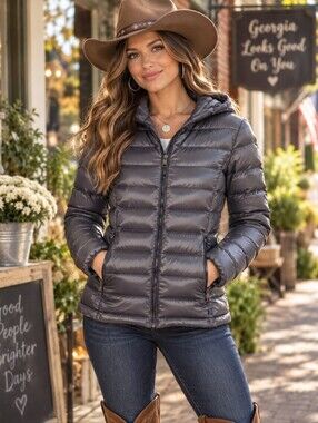 Andrew Marc Metallic Gray Packable Down Puffer Jacket Hooded Small